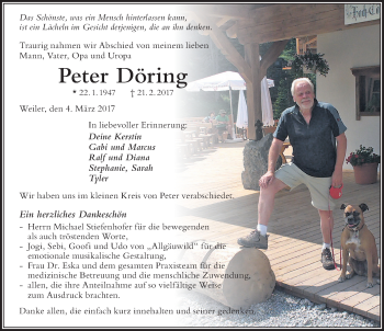 Traueranzeige von Peter Döring von Der Westallgäuer
