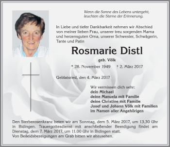 Traueranzeige von Rosmarie Distl von Allgäuer Zeitung, Marktoberdorf