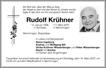 Traueranzeige von Rudolf Krühner von Memminger Zeitung