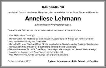 Traueranzeige von Anneliese Lehmann von Memminger Zeitung