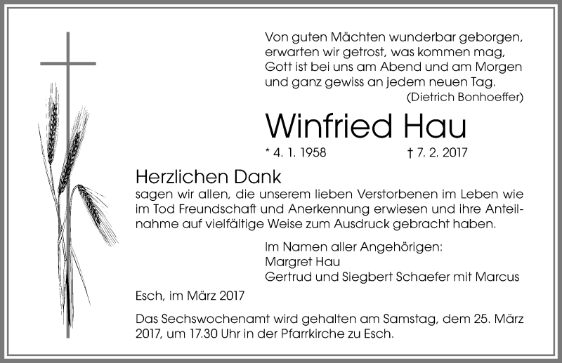  Traueranzeige für Winfried Hau vom 18.03.2017 aus Memminger Zeitung