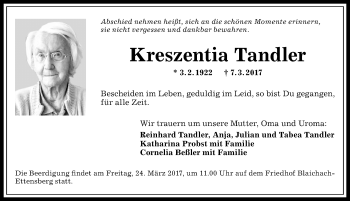 Traueranzeige von Kreszentia Tandler von Allgäuer Anzeigeblatt