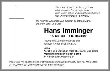 Traueranzeige von Hans Imminger von Memminger Zeitung