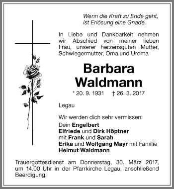 Traueranzeige von Barbara Waldmann von Memminger Zeitung