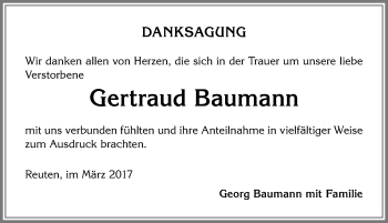 Traueranzeige von Gertraud Baumann von Allgäuer Zeitung,Kempten