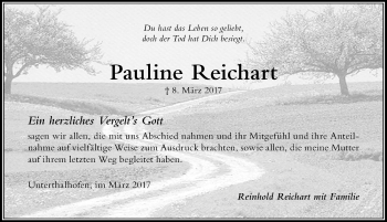 Traueranzeige von Pauline Reichart von Der Westallgäuer