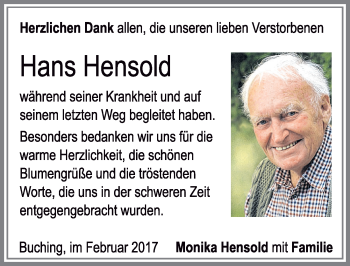 Traueranzeige von Hans Hensold von Allgäuer Zeitung, Füssen