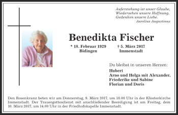 Traueranzeige von Benedikta Fischer von Allgäuer Anzeigeblatt