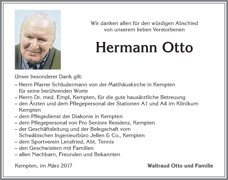  Traueranzeige für Hermann Otto vom 18.03.2017 aus Allgäuer Zeitung,Kempten