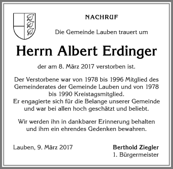 Traueranzeige von Albert Erdinger von Allgäuer Zeitung,Kempten