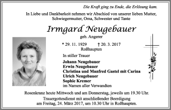 Traueranzeige von Irmgard Neugebauer von Allgäuer Zeitung, Füssen