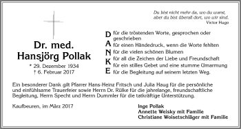 Traueranzeige von Hansjörg Pollak von Allgäuer Zeitung, Kaufbeuren/Buchloe