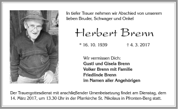 Traueranzeige von Herbert Brenn von Allgäuer Zeitung, Füssen