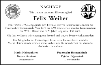 Traueranzeige von Felix Weiher von Der Westallgäuer