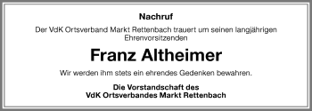 Traueranzeige von Franz Altheimer von Memminger Zeitung