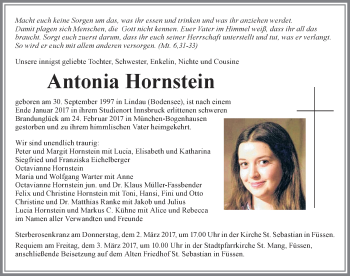Traueranzeige von Antonia Hornstein von Allgäuer Zeitung, Füssen