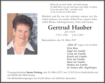 Traueranzeige von Gertrud Hauber von Der Westallgäuer