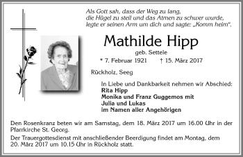 Traueranzeige von Mathilde Hipp von Allgäuer Zeitung, Füssen