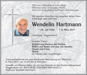 Traueranzeige von Wendelin Hartmann von Allgäuer Zeitung,Kempten