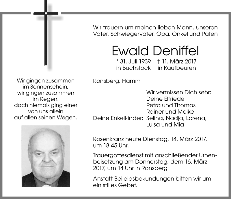  Traueranzeige für Ewald Deniffel vom 14.03.2017 aus Allgäuer Zeitung, Marktoberdorf