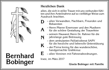 Traueranzeige von Bernhard Bobinger von Allgäuer Zeitung, Kaufbeuren/Buchloe