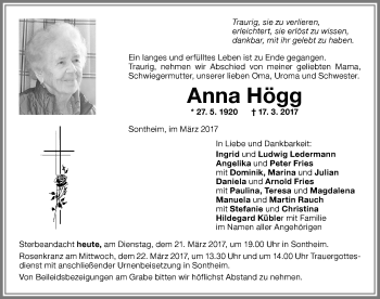 Traueranzeige von Anna Högg von Memminger Zeitung