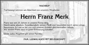 Traueranzeige von Franz Merk von Allgäuer Zeitung,Kempten