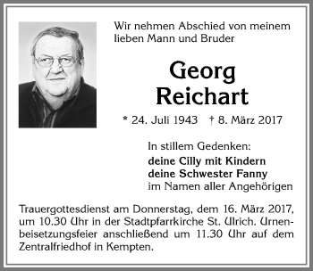 Traueranzeige von Georg Reichart von Allgäuer Zeitung,Kempten