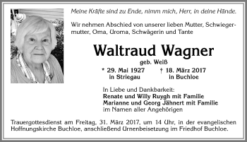 Traueranzeige von Waltraud Wagner von Allgäuer Zeitung, Kaufbeuren/Buchloe