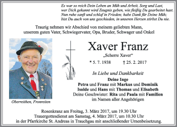 Traueranzeige von Xaver Franz von Allgäuer Zeitung, Füssen