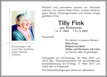 Traueranzeige von Tilly Fink von Allgäuer Zeitung,Kempten