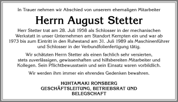 Traueranzeige von August Stetter von Allgäuer Zeitung