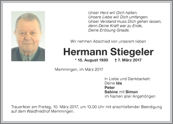 Traueranzeige von Hermann Stiegeler von Allgäuer Zeitung