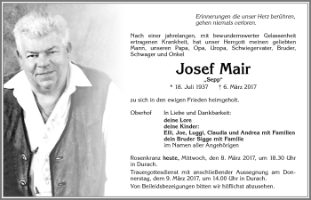 Traueranzeige von Josef Mair von Allgäuer Zeitung,Kempten