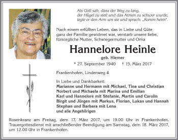 Traueranzeige von Hannelore Heinle von Allgäuer Zeitung, Kaufbeuren/Buchloe