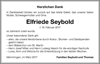 Traueranzeige von Elfriede Seybold von Memminger Zeitung