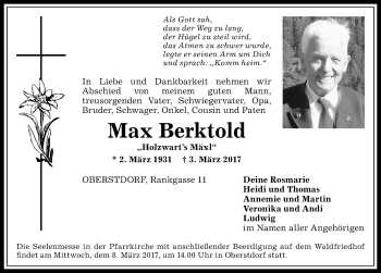 Traueranzeige von Max Berktold von Allgäuer Anzeigeblatt
