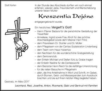 Traueranzeige von Kreszentia Dejéne von Der Westallgäuer