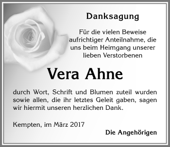 Traueranzeige von Vera Ahne von Memminger Zeitung