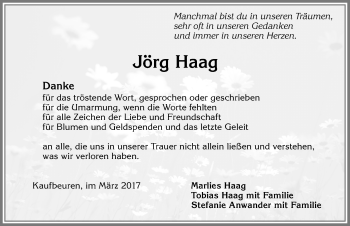 Traueranzeige von Jörg Haag von Allgäuer Zeitung, Kaufbeuren/Buchloe