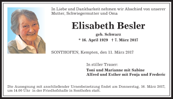 Traueranzeige von Elisabeth Besler von Allgäuer Anzeigeblatt