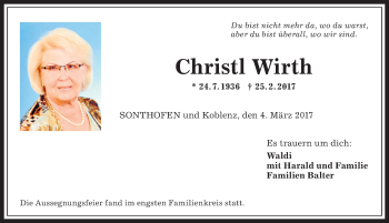 Traueranzeige von Christl Wirth von Allgäuer Anzeigeblatt