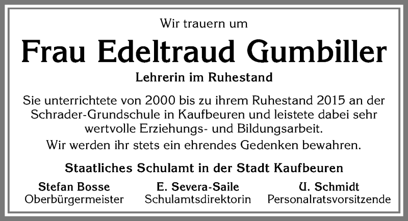  Traueranzeige für Edeltraud Gumbiller vom 29.03.2017 aus Allgäuer Zeitung, Kaufbeuren/Buchloe
