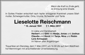 Traueranzeige von Lieselotte Reischmann von Memminger Zeitung