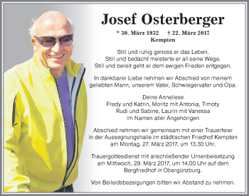 Traueranzeige von Josef Osterberger von Allgäuer Zeitung