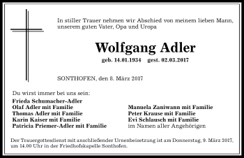 Traueranzeige von Wolfgang Adler von Allgäuer Anzeigeblatt