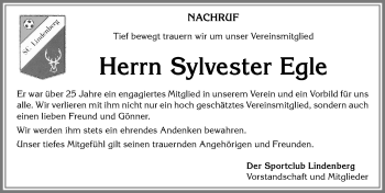 Traueranzeige von Sylvester Egle von Allgäuer Zeitung, Kaufbeuren/Buchloe