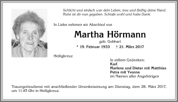 Traueranzeige von Martha Hörmann von Allgäuer Zeitung,Kempten