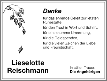 Traueranzeige von Lieselotte Reischmann von Memminger Zeitung