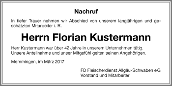 Traueranzeige von Florian Kustermann von Memminger Zeitung